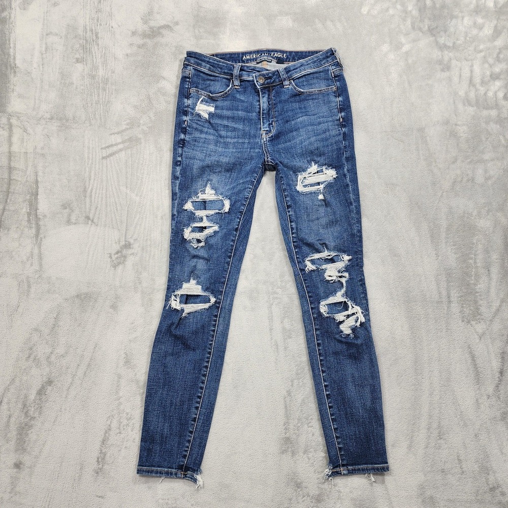 American Eagle Jeans Womens 8 Blue High‎ Rise Jegging Distressed Crossover Waist